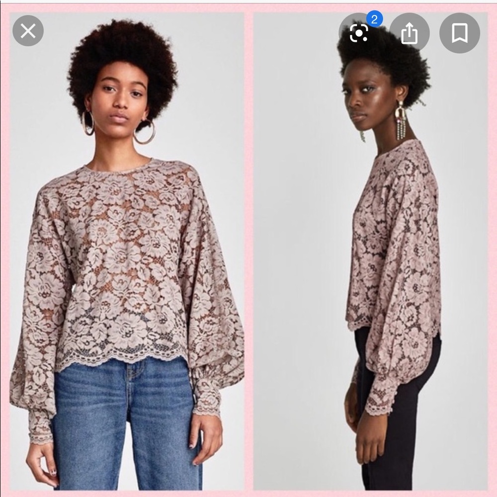 Zara mauve floral lace crop top with puff sleeves